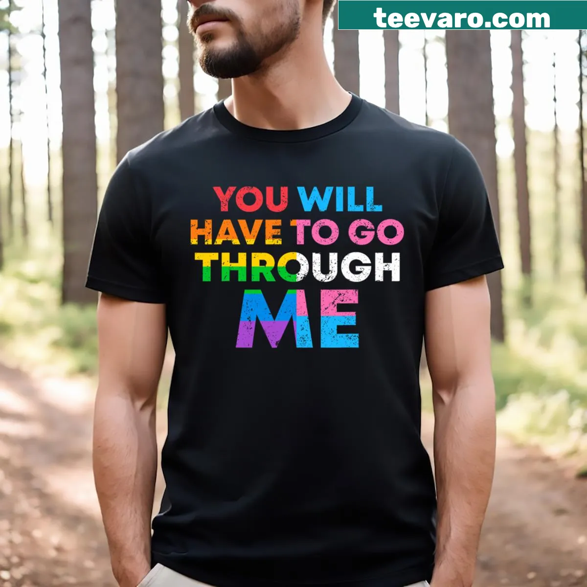 Empowering LGBTQ+ message in retro typography on a t-shirt — on a men's t-shirt