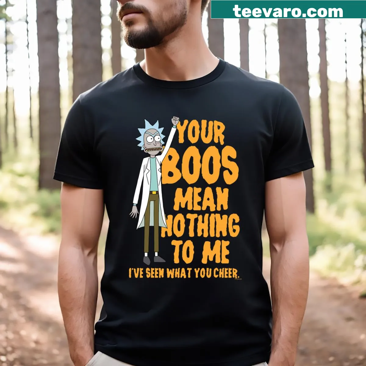 Halloween-themed T-shirt with a humorous Rick and Morty catchphrase. — on a men's t-shirt