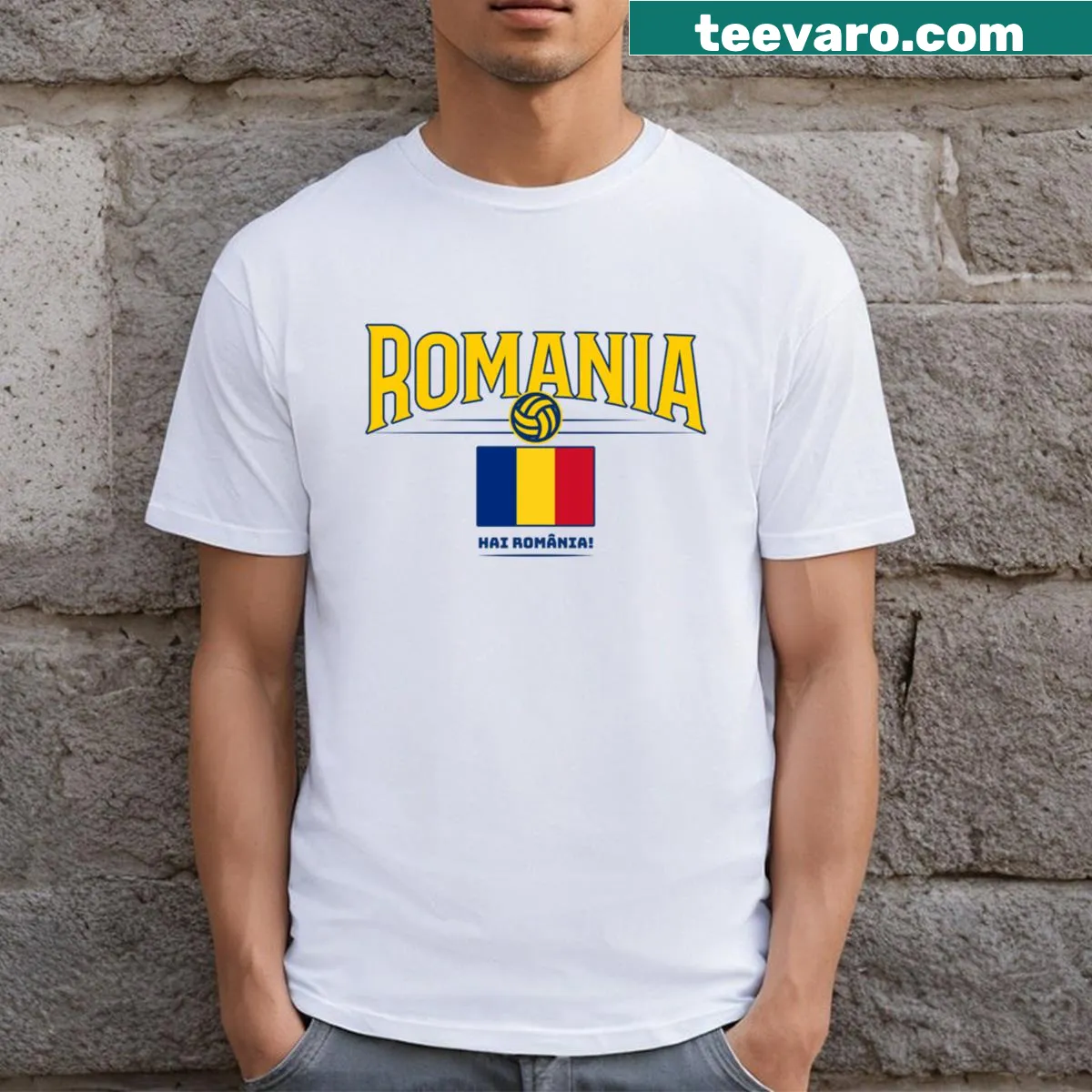 Football fan T-shirt featuring Romania's national colors and jersey design. — on a men's t-shirt