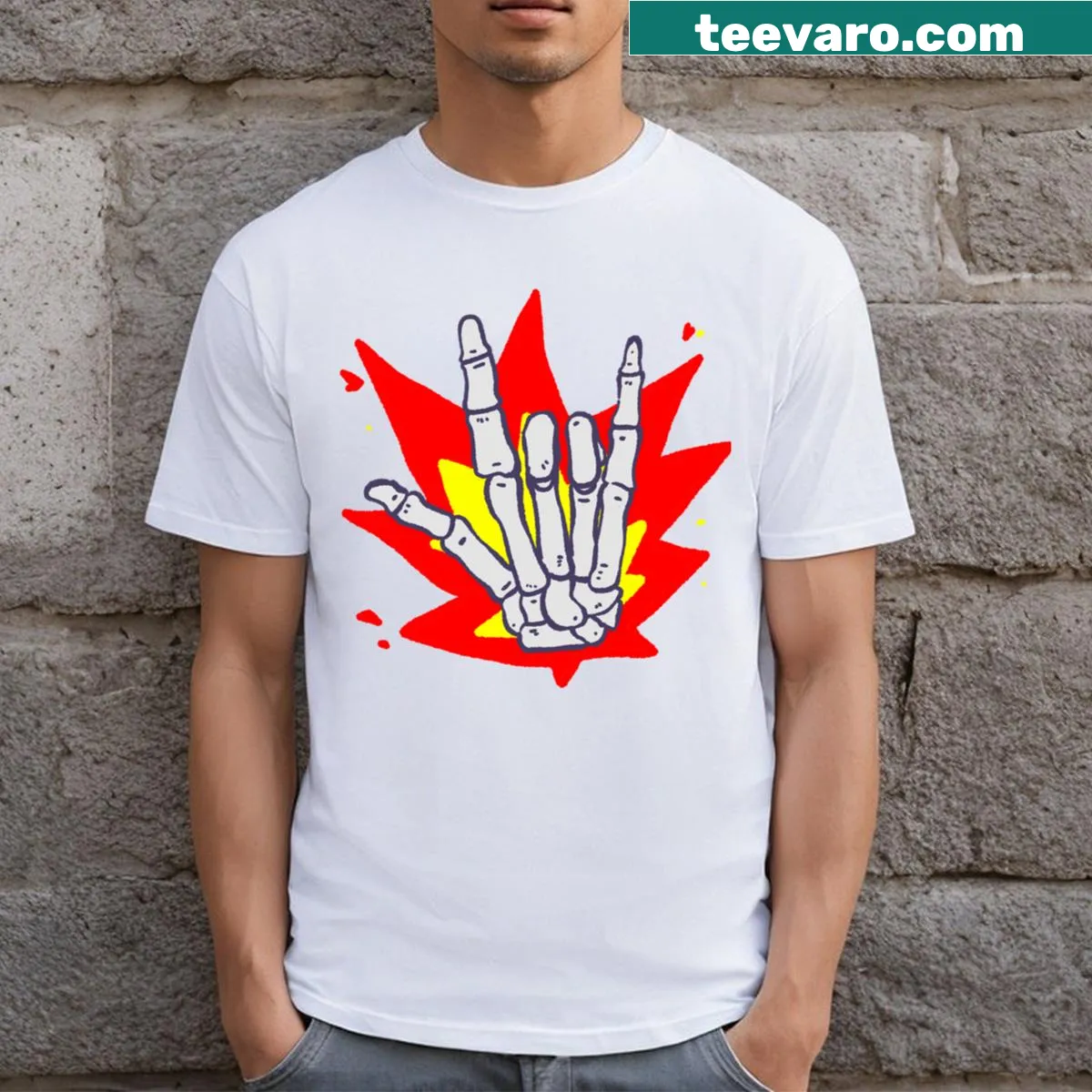 Graphic t-shirt with a metal hand design for rock fans — on a men's t-shirt