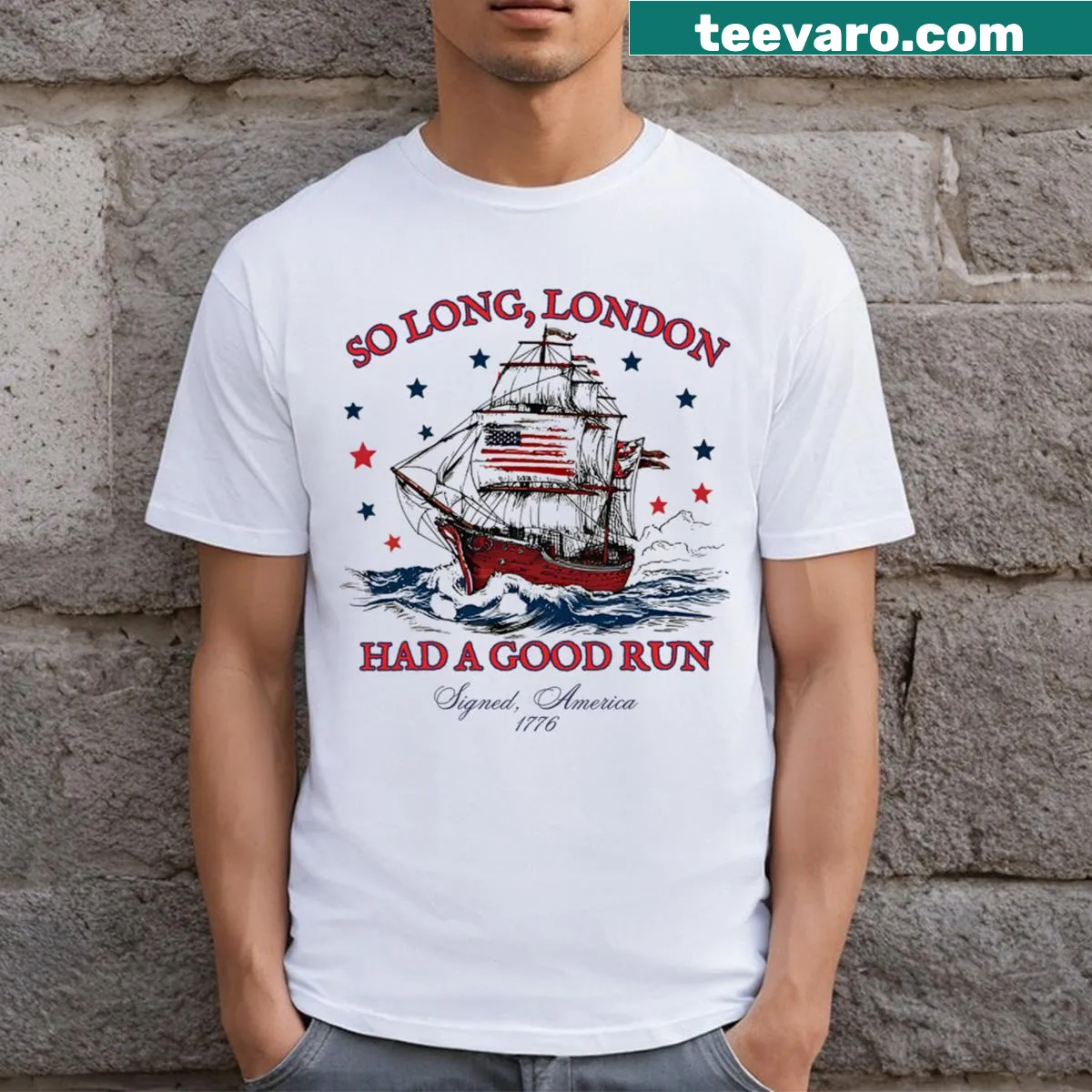 Patriotic T-shirt with So Long London text — on a men's t-shirt