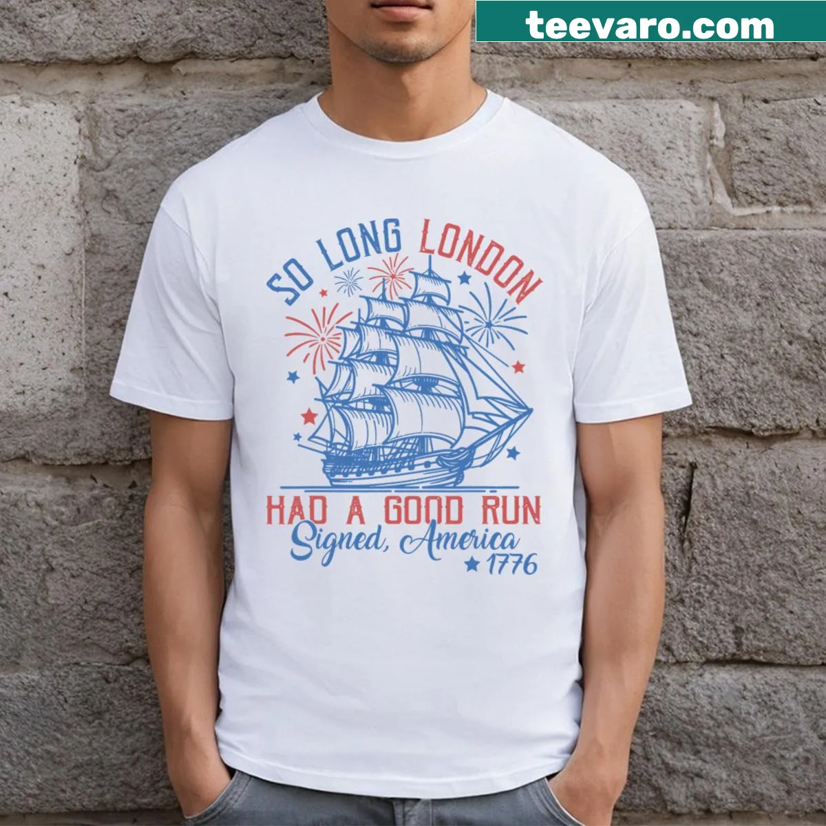 Playful So Long London 4th of July T-shirt — on a men's t-shirt