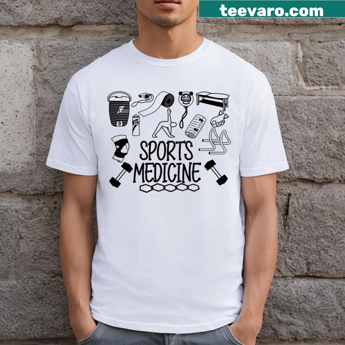 T-shirt with text celebrating sports medicine — on a men's t-shirt