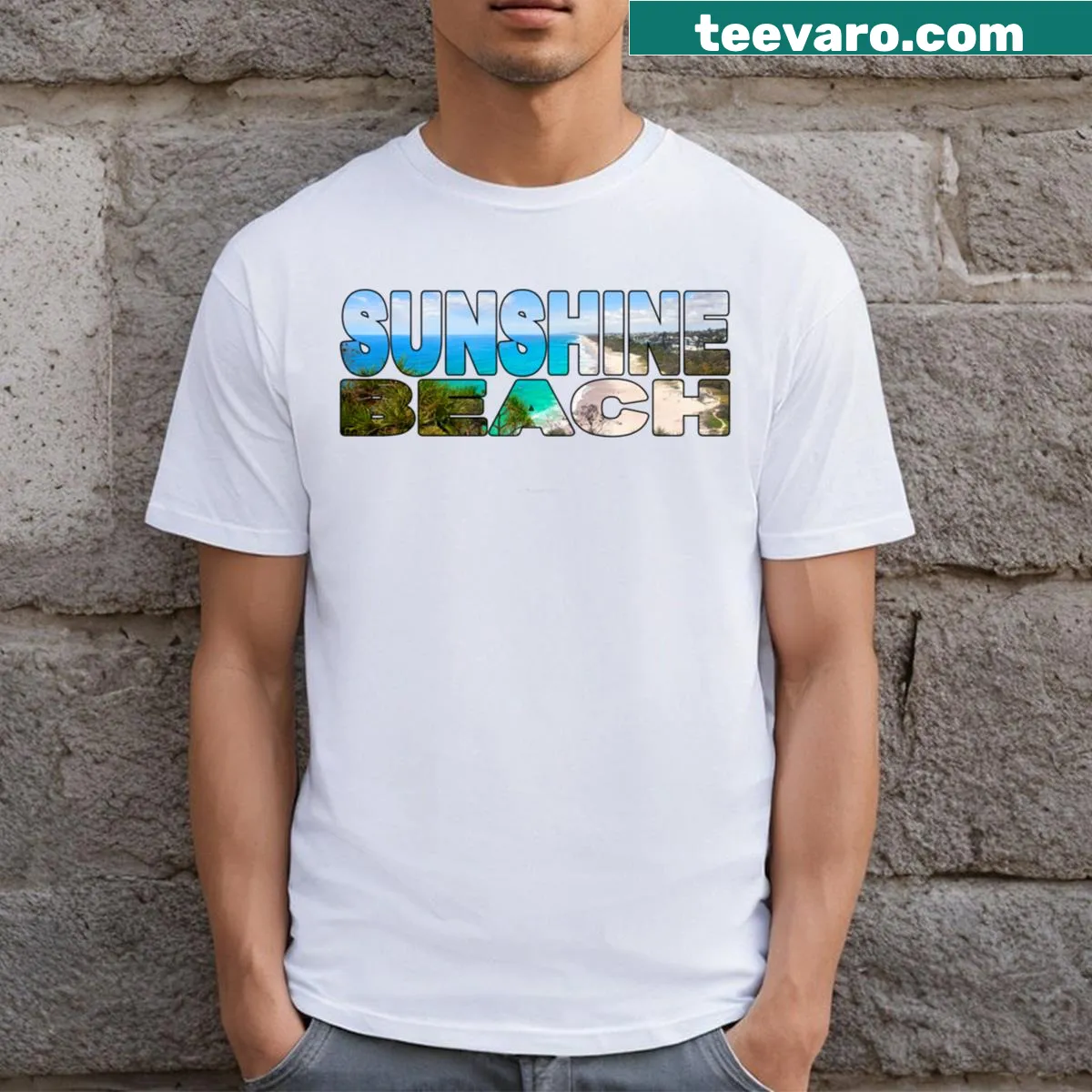 T-shirt featuring a beach scene design representing Noosa Heads — on a men's t-shirt