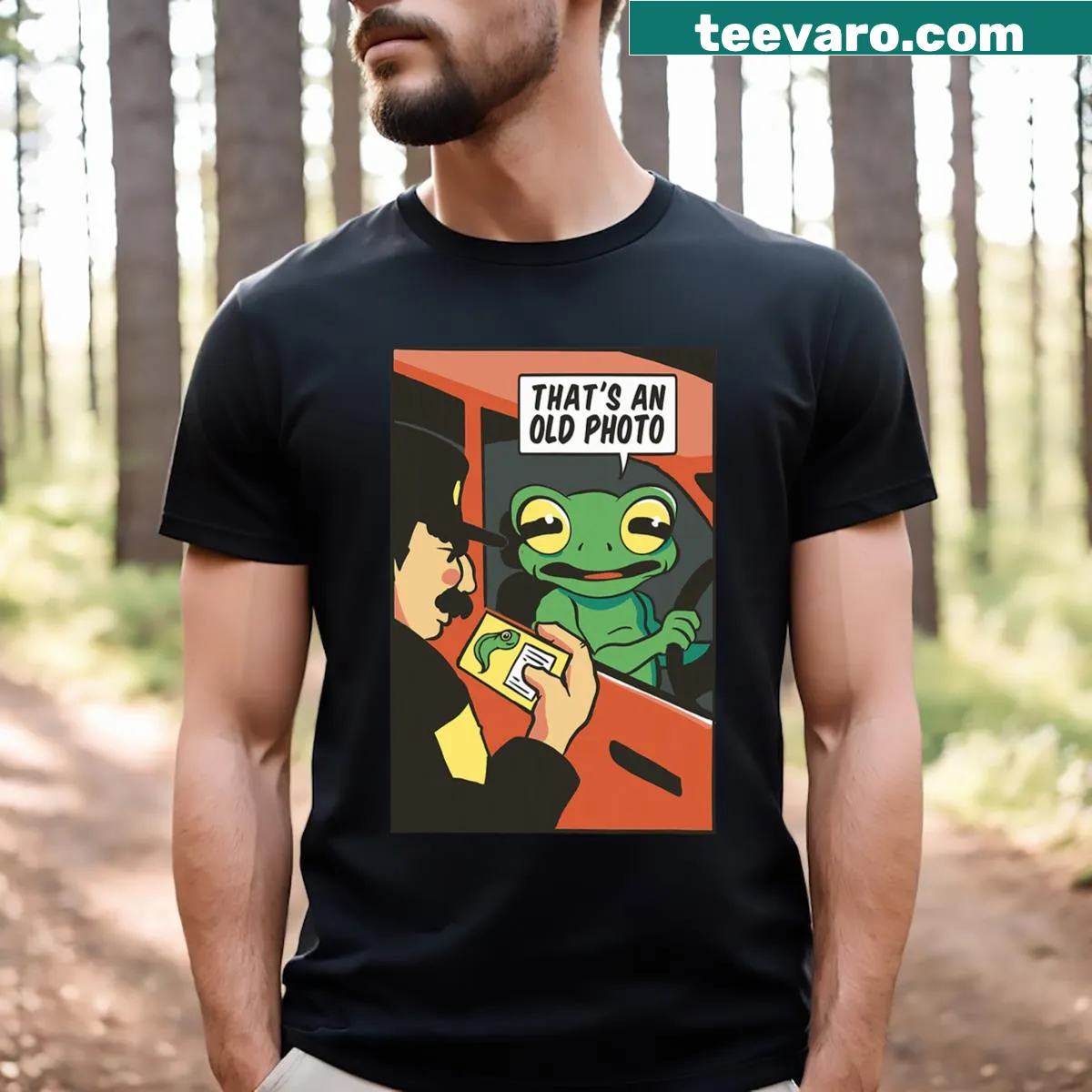 Whimsical t-shirt design with a frog in a traffic stop illustration — on a men's t-shirt
