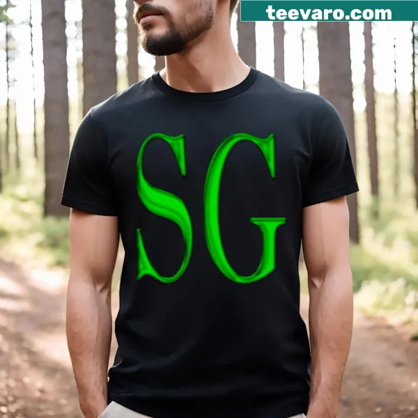 Minimalist t-shirt featuring the letters S G in satin green