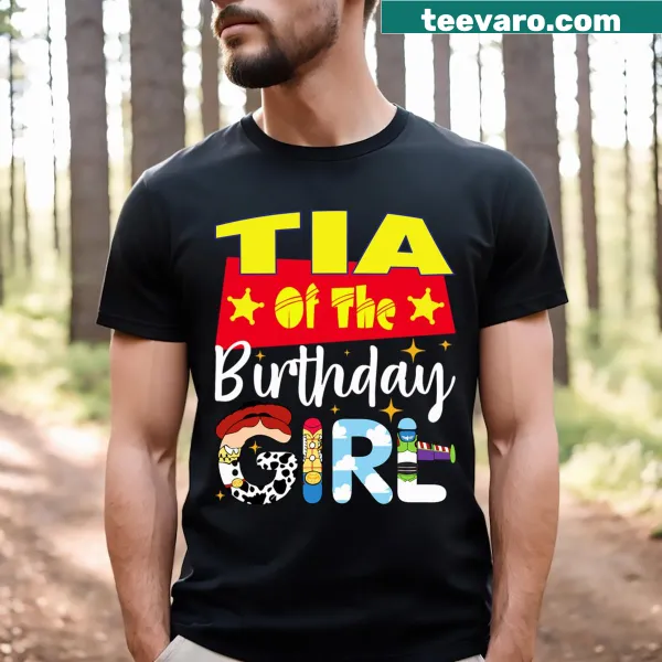 T-shirt celebrating Tia of the birthday girl with playful text