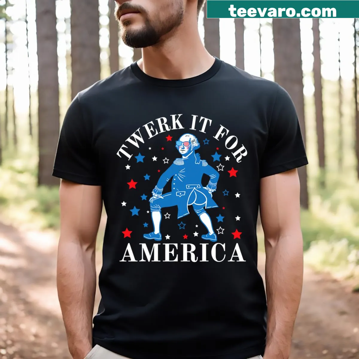 Funny patriotic t-shirt with humorous text for Fourth of July — on a men's t-shirt