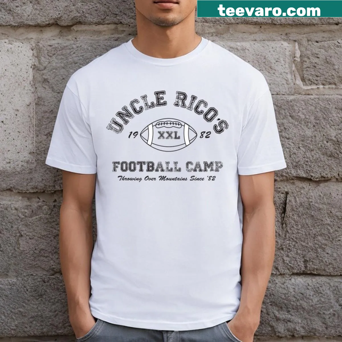 Vintage-style Uncle Rico Football Camp T-shirt with playful graphic — on a men's t-shirt