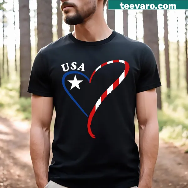Patriotic T-shirt with heart graphic and American flag design