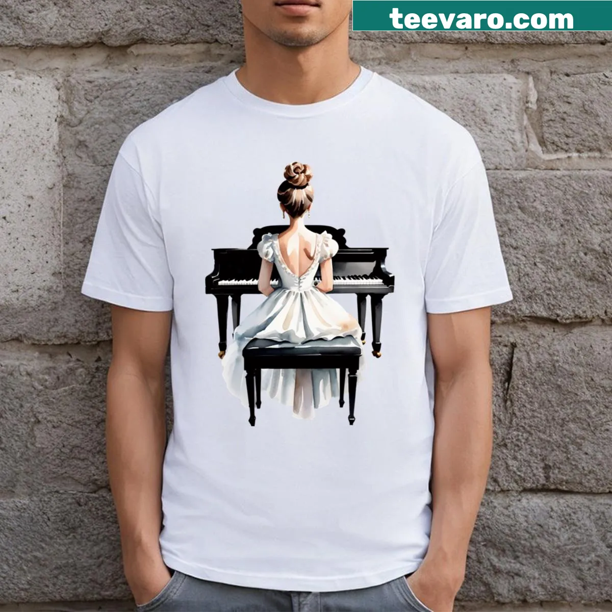 Watercolor graphic of a girl playing piano on a white t-shirt — on a men's t-shirt