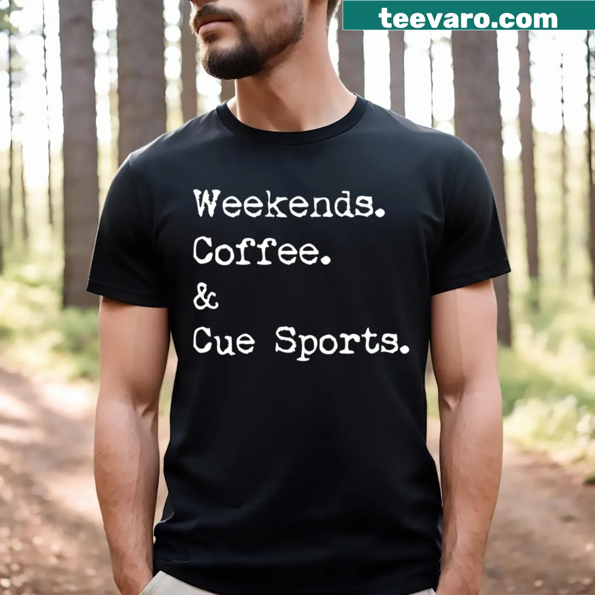 Funny cue sports t-shirt with a cue stick and coffee graphic — on a men's t-shirt