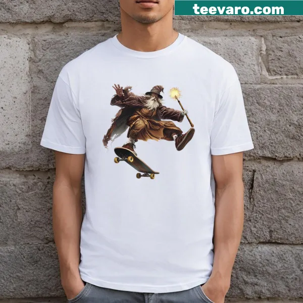 Cartoon wizard on skateboard graphic T-shirt