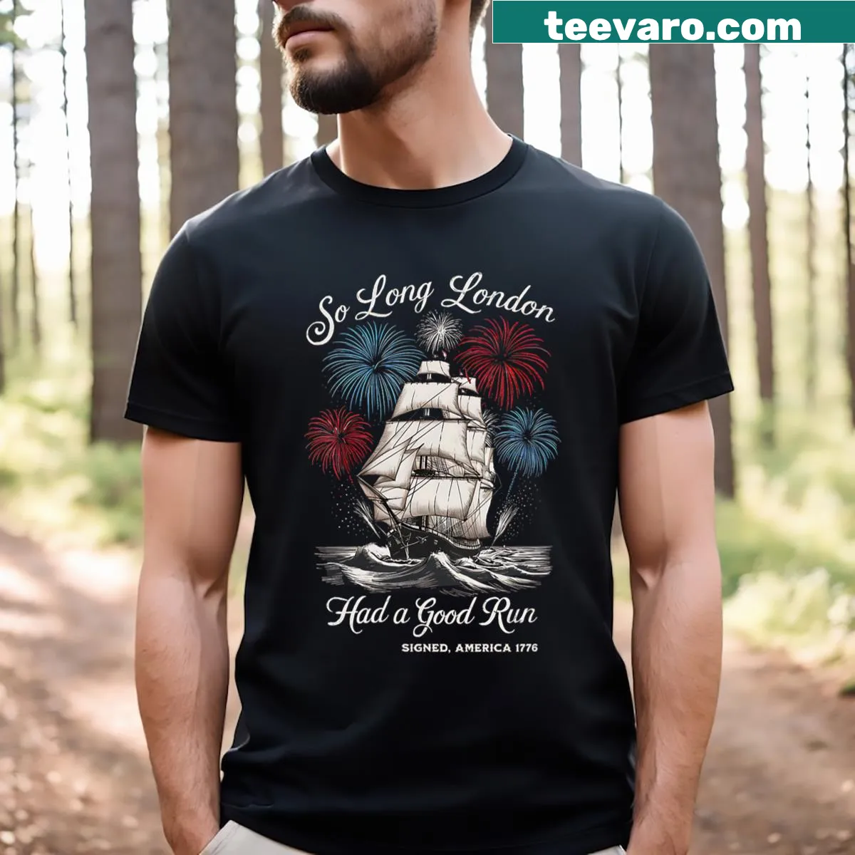 Funny V-neck T-shirt with American independence humor — on a men's t-shirt