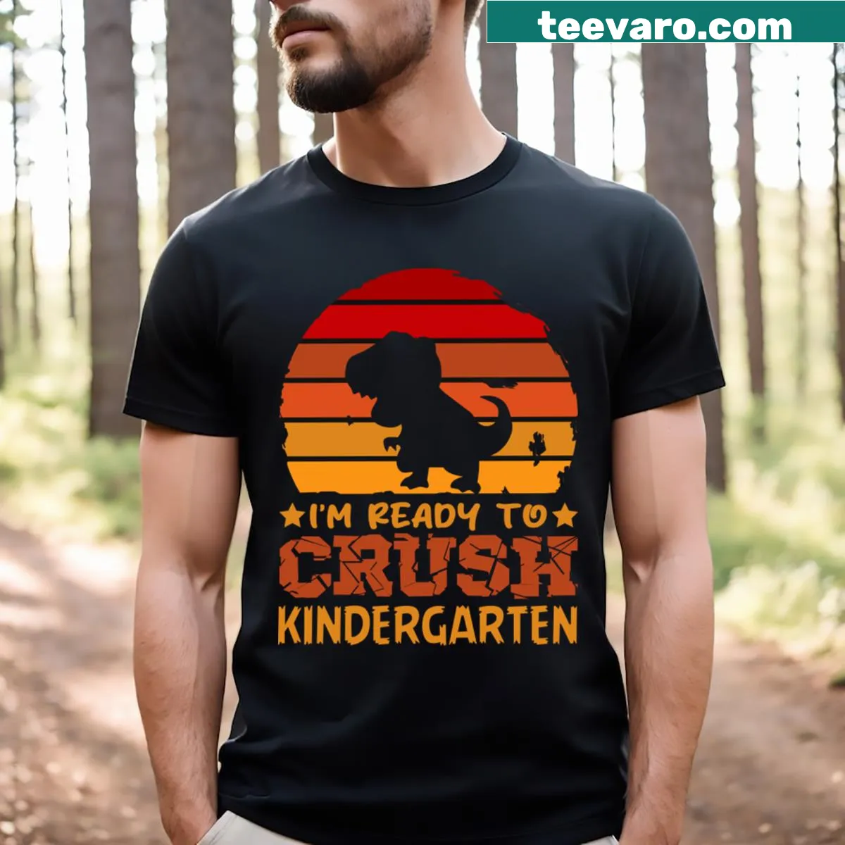 T-shirt for boys with '1st Day Of Kindergarten I'm Ready To Crush' and dinosaur illustration — on a men's t-shirt