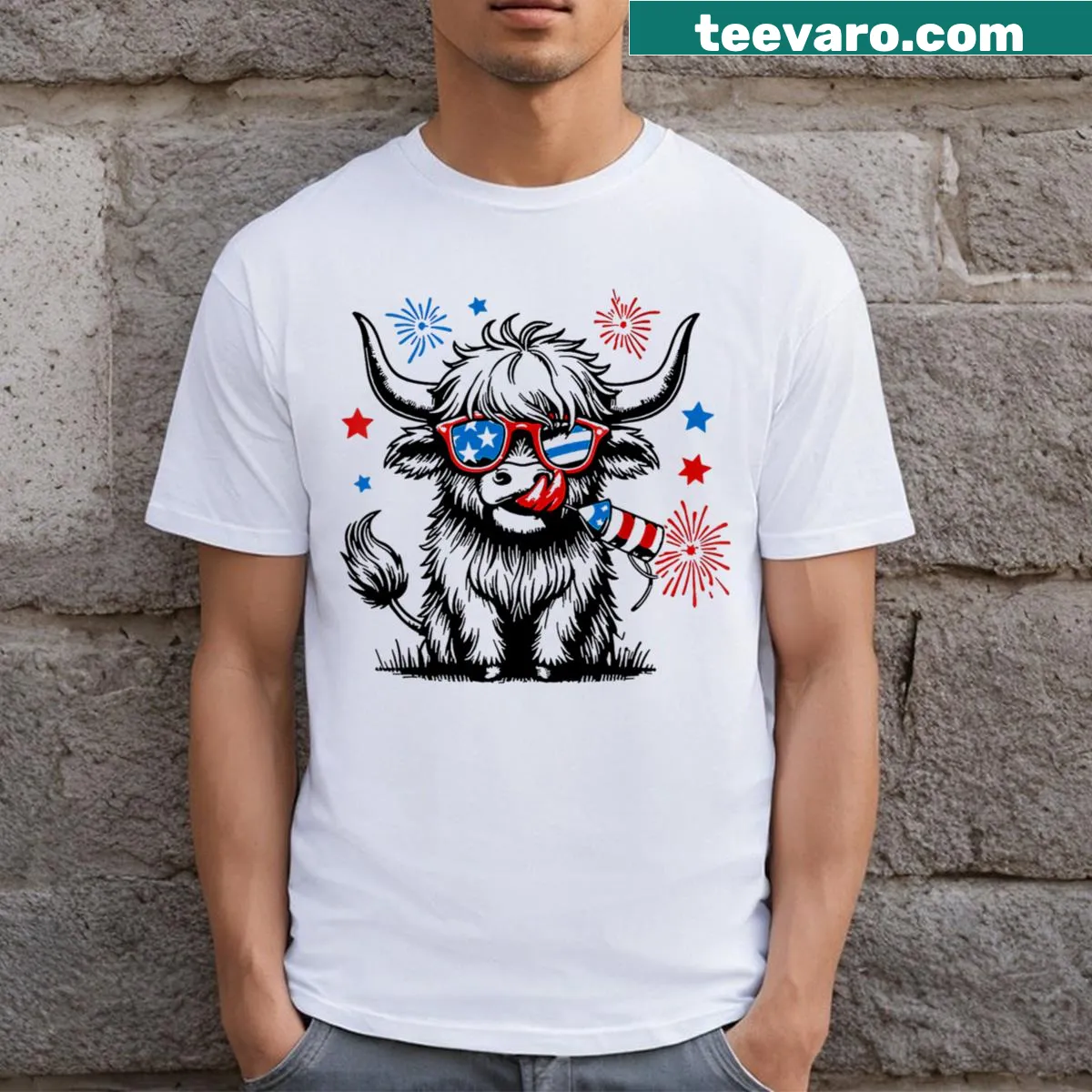 T-shirt featuring a heifer celebrating the Fourth of July — on a men's t-shirt