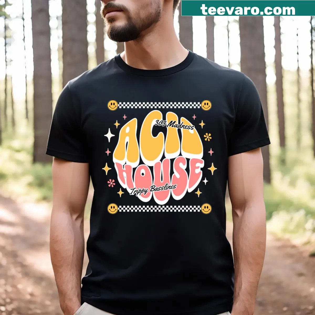 Acid House typography T-shirt featuring trippy basslines font — on a men's t-shirt