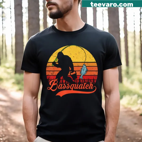 Funny T-shirt with Bassquatch illustration and fishing theme