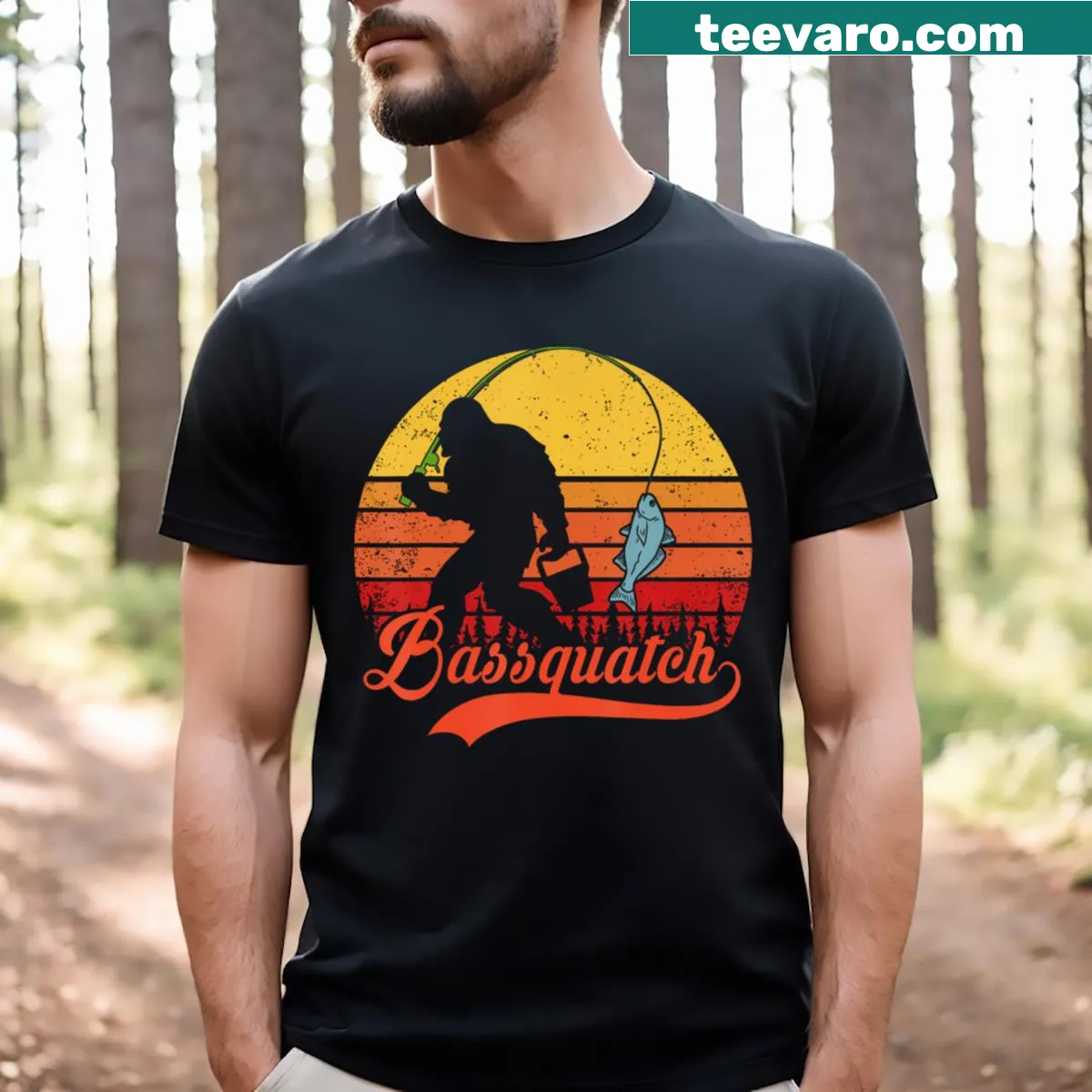 Funny T-shirt with Bassquatch illustration and fishing theme — on a men's t-shirt