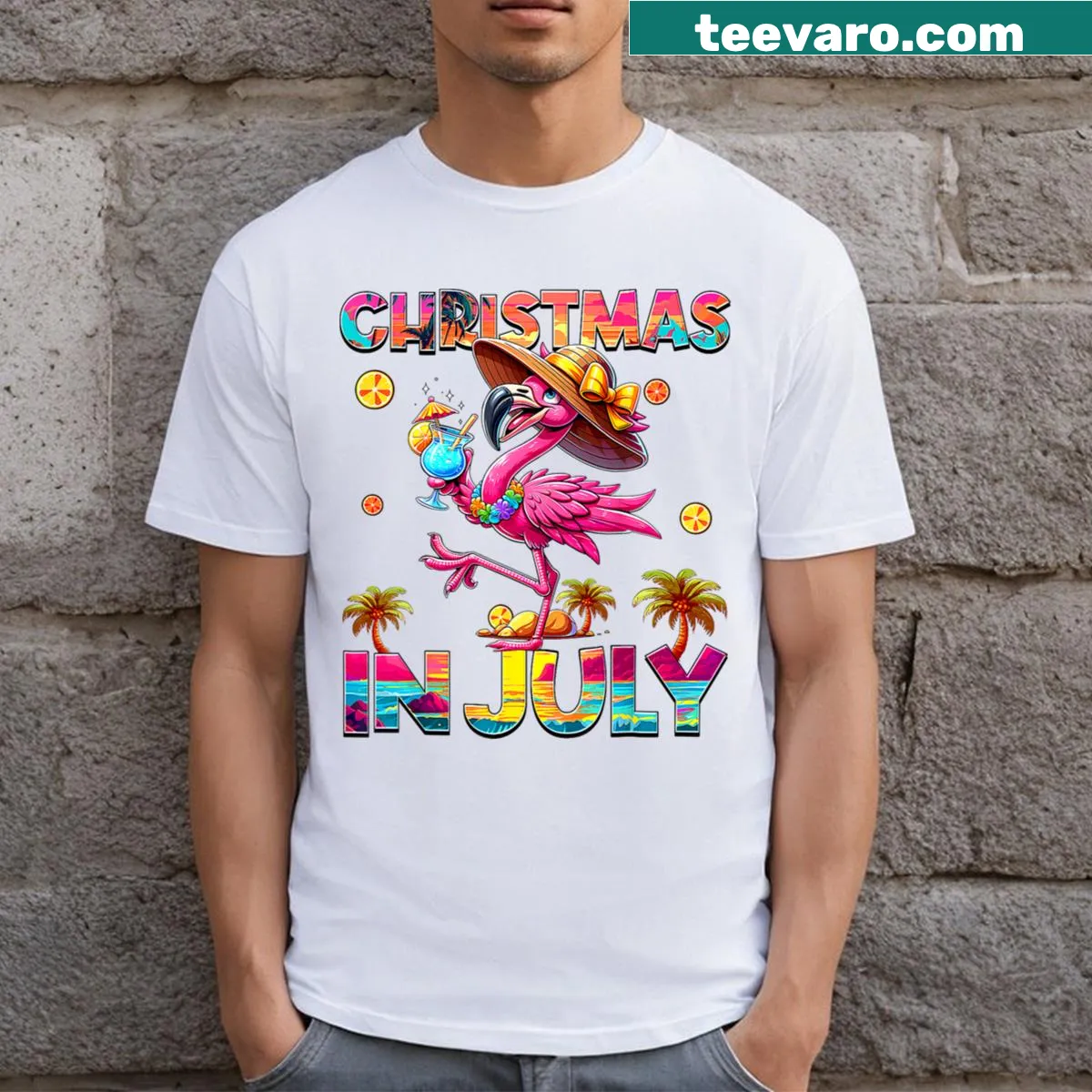 Flamingo-themed Christmas in July t-shirt for girls — on a men's t-shirt