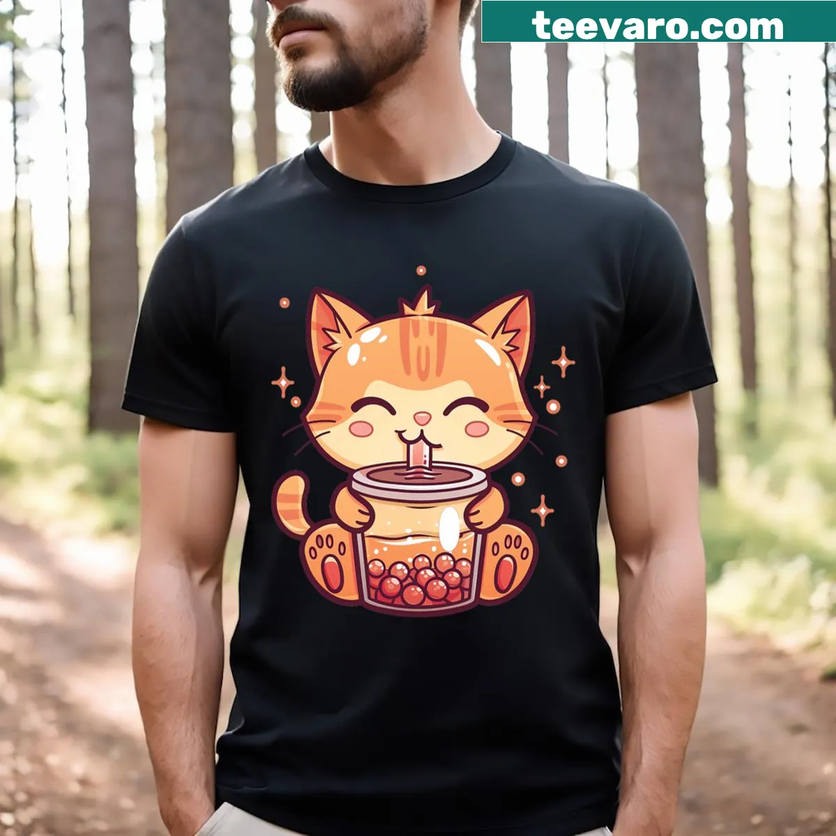 Kawaii cat and boba tea design on a t-shirt — on a men's t-shirt
