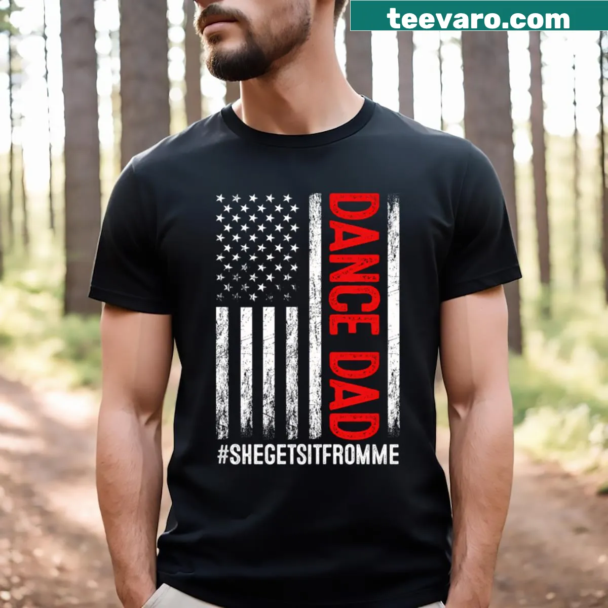 Proud Dancer Dad t-shirt featuring USA flag design — on a men's t-shirt