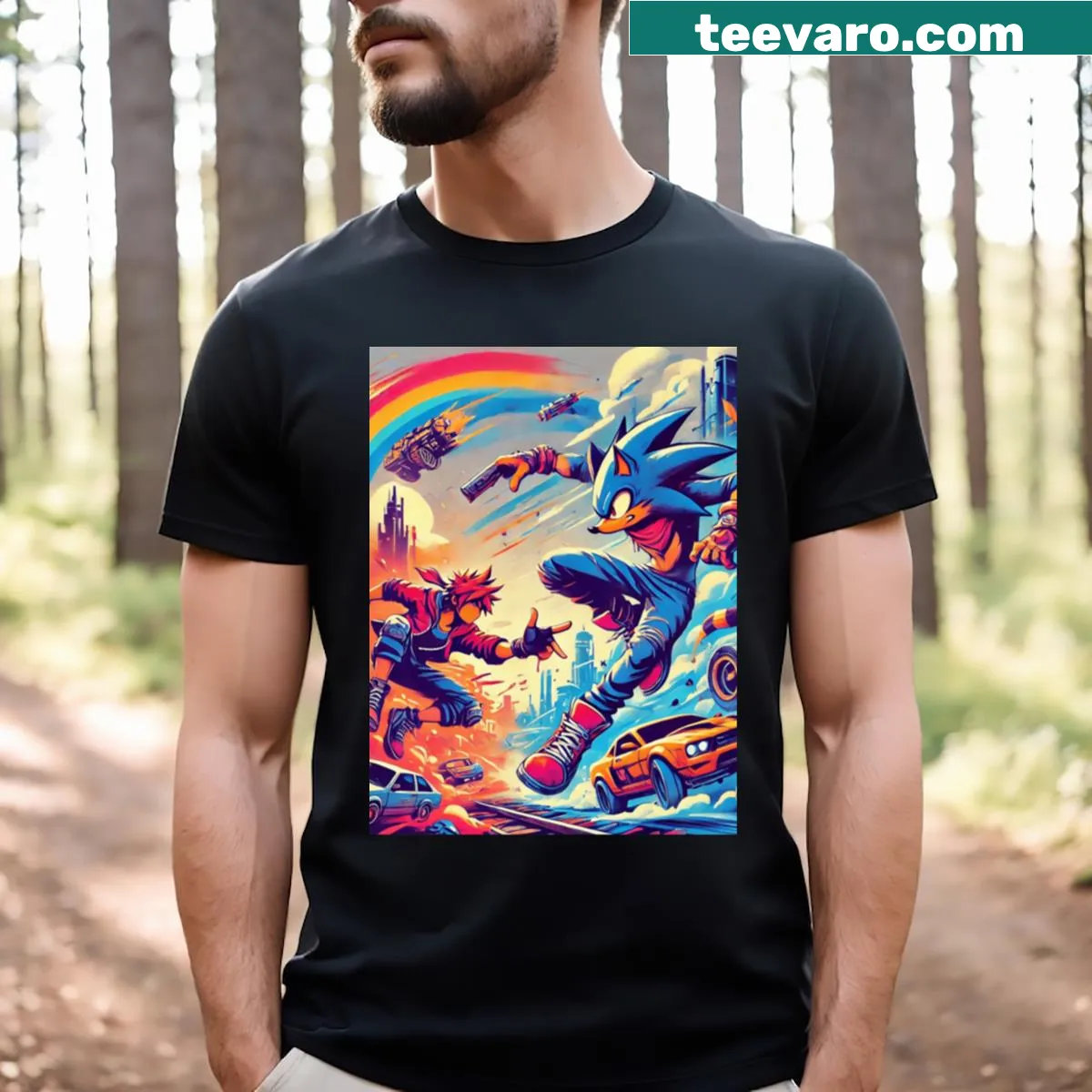 Dynamic gaming t-shirt with bold text showcasing video game action — on a men's t-shirt