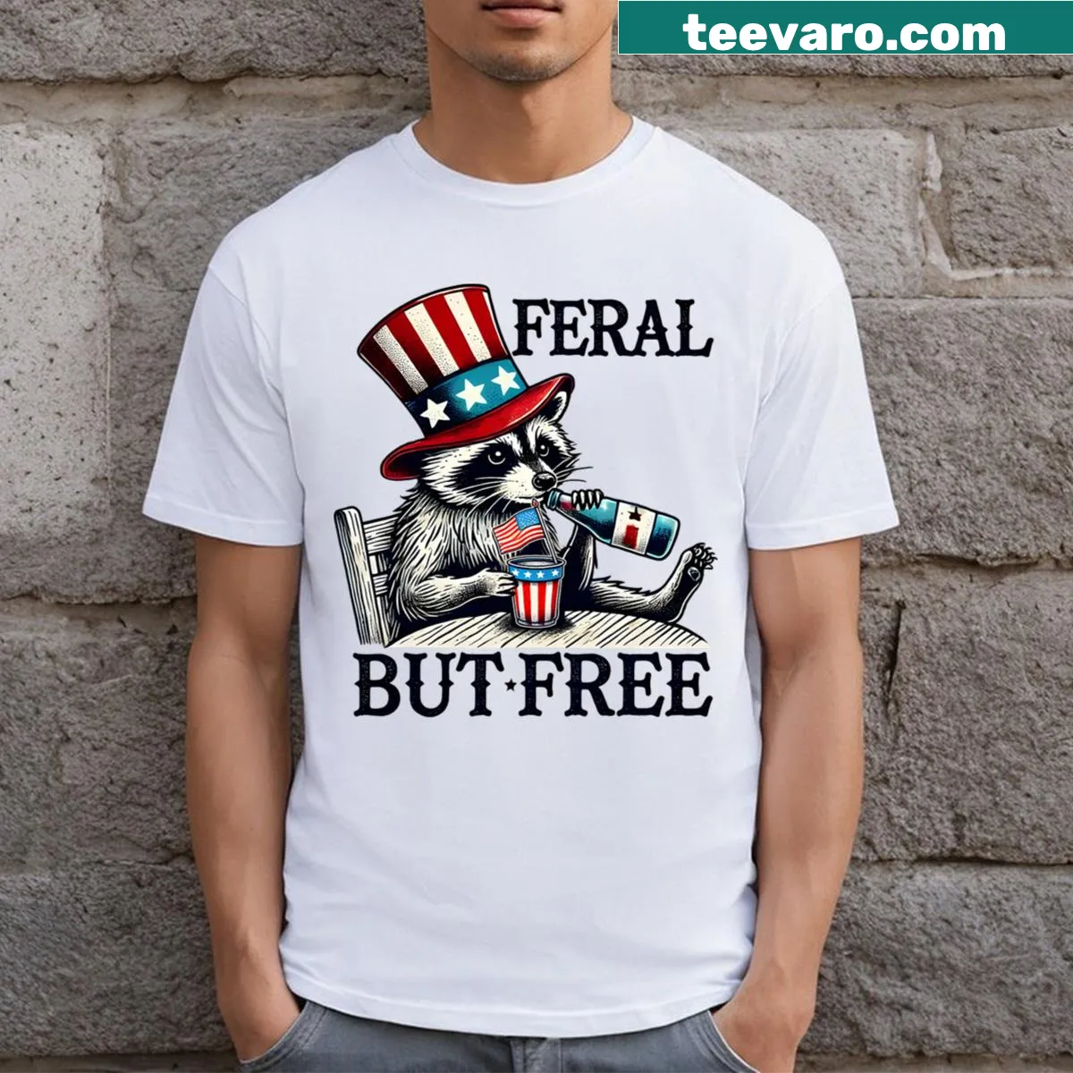 Patriotic raccoon graphic T-shirt for Fourth of July — on a men's t-shirt