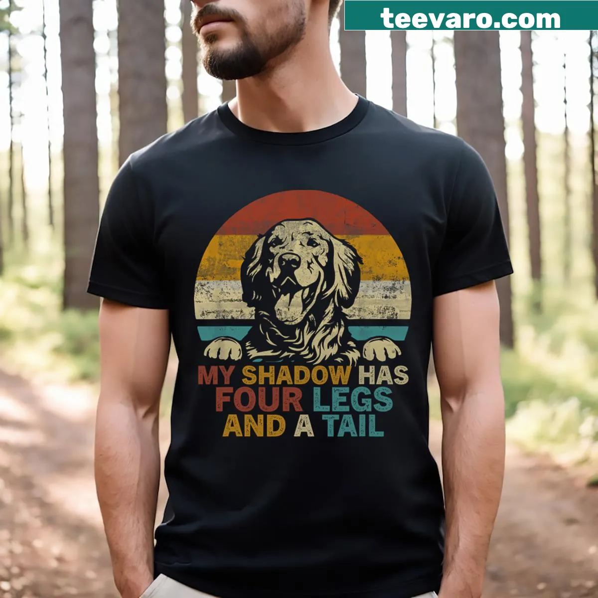 T-shirt with a humorous quote about a dog as a shadow — on a men's t-shirt