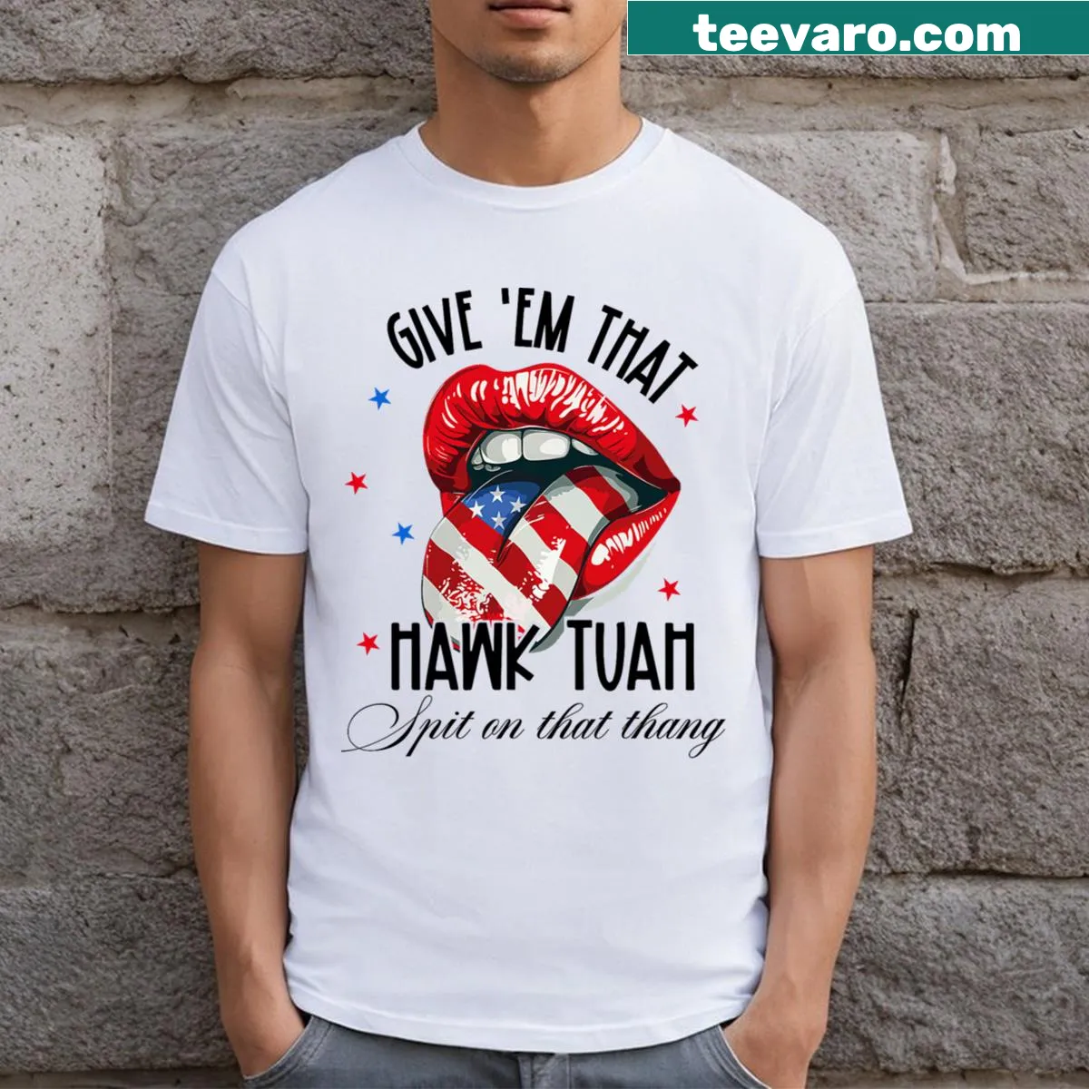 Humorous American Flag graphic T-shirt with playful illustrations — on a men's t-shirt