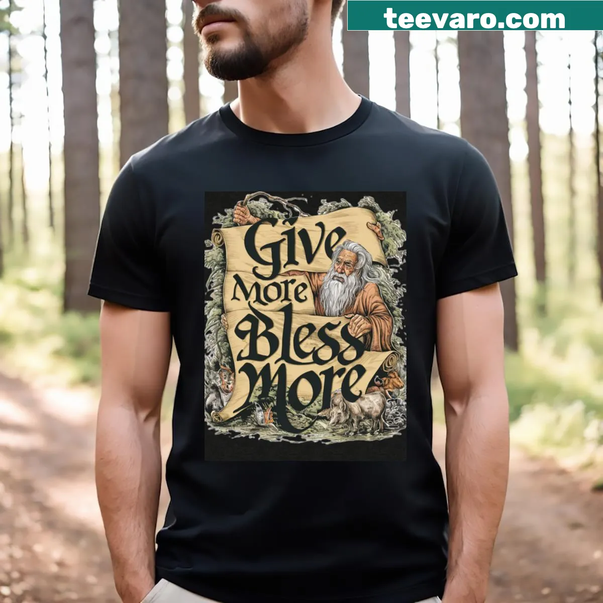 Positive message T-shirt with 'Give More Bless More' text — on a men's t-shirt