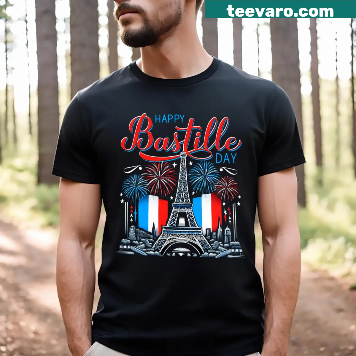Patriotic T-shirt celebrating Bastille Day with French symbols — on a men's t-shirt