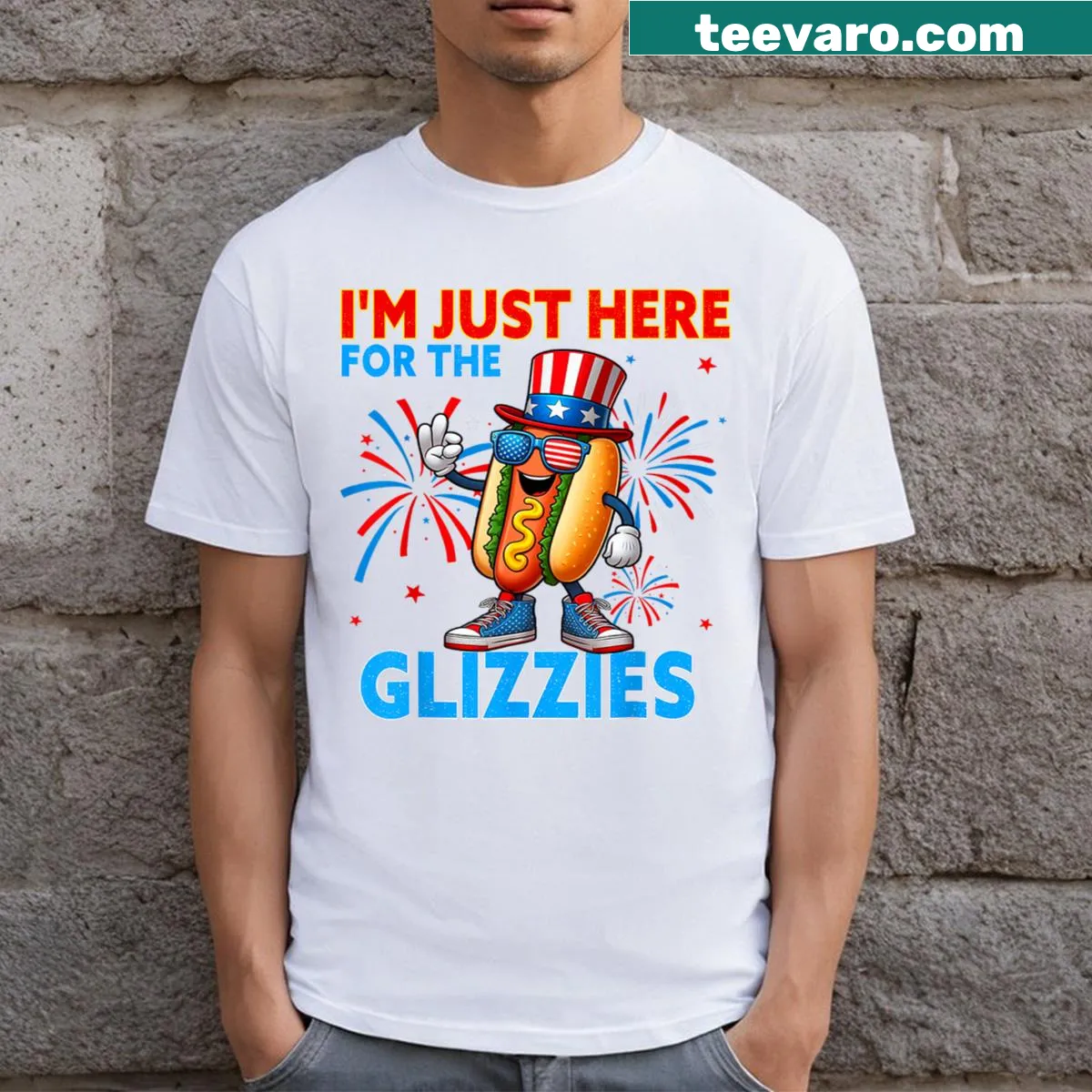 Funny 4th of July T-shirt with the phrase 'Here For The Glizzies' — on a men's t-shirt