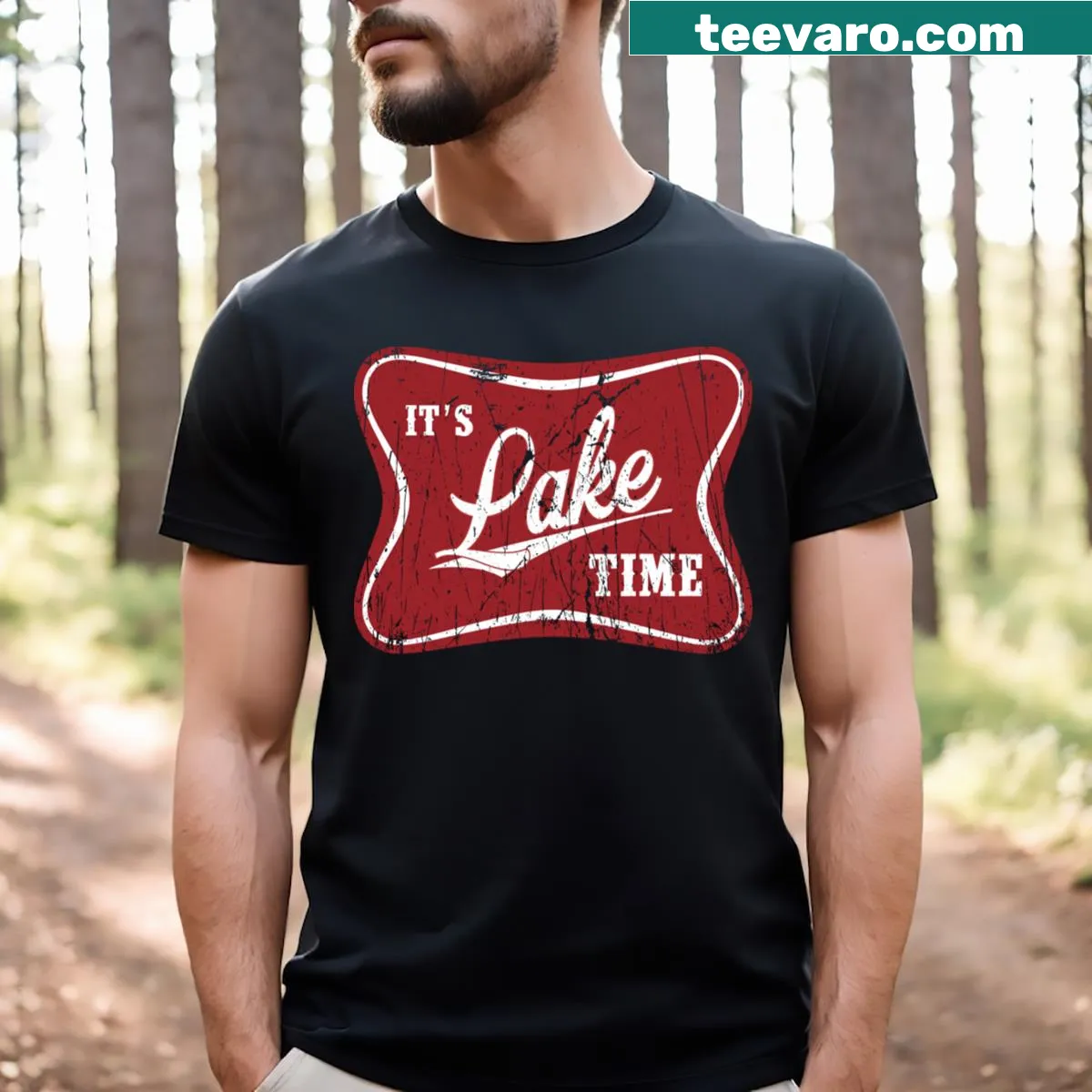 Lake life illustration t-shirt featuring fishing and camping themes — on a men's t-shirt