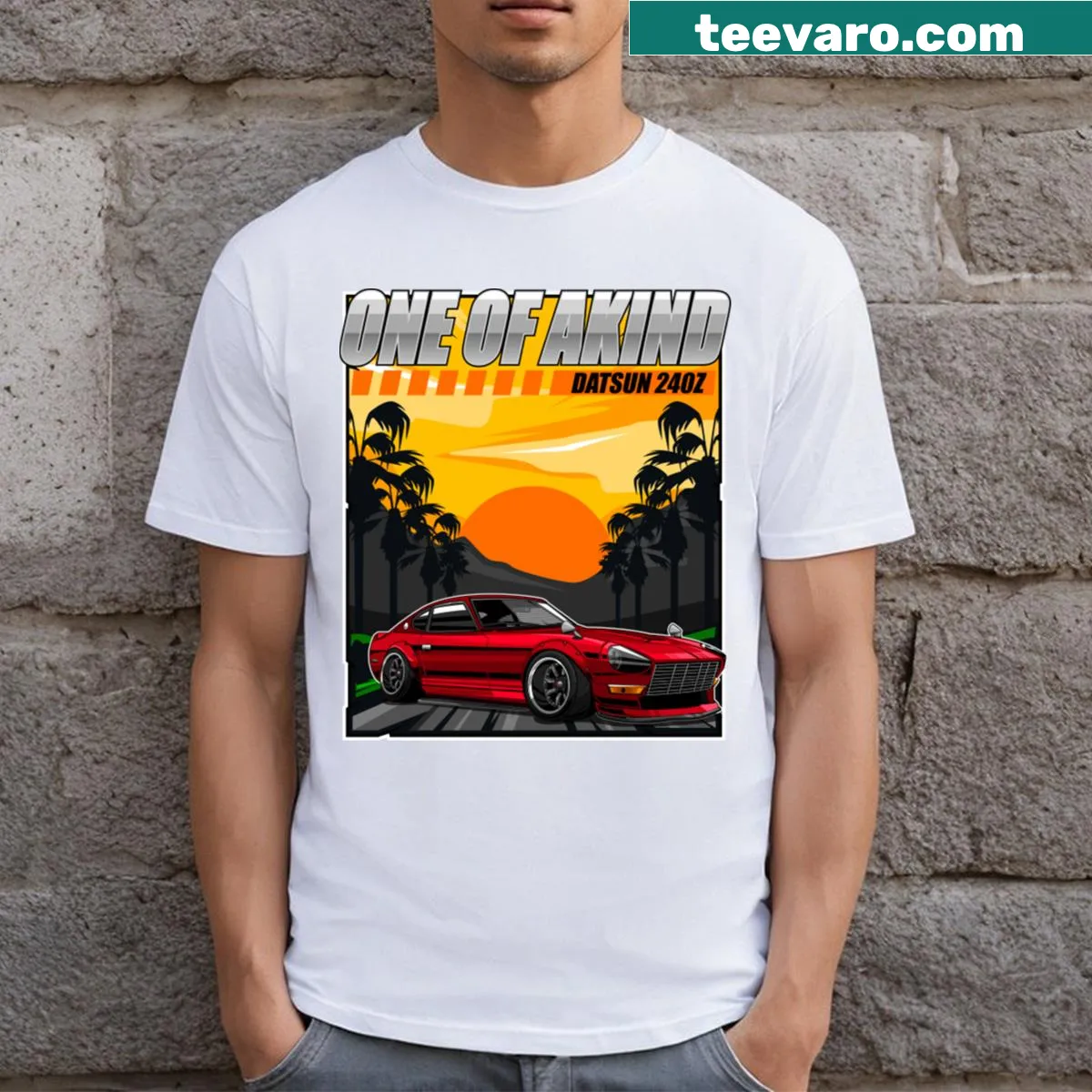 Vintage-style graphic featuring Datsun 240z for car enthusiasts — on a men's t-shirt