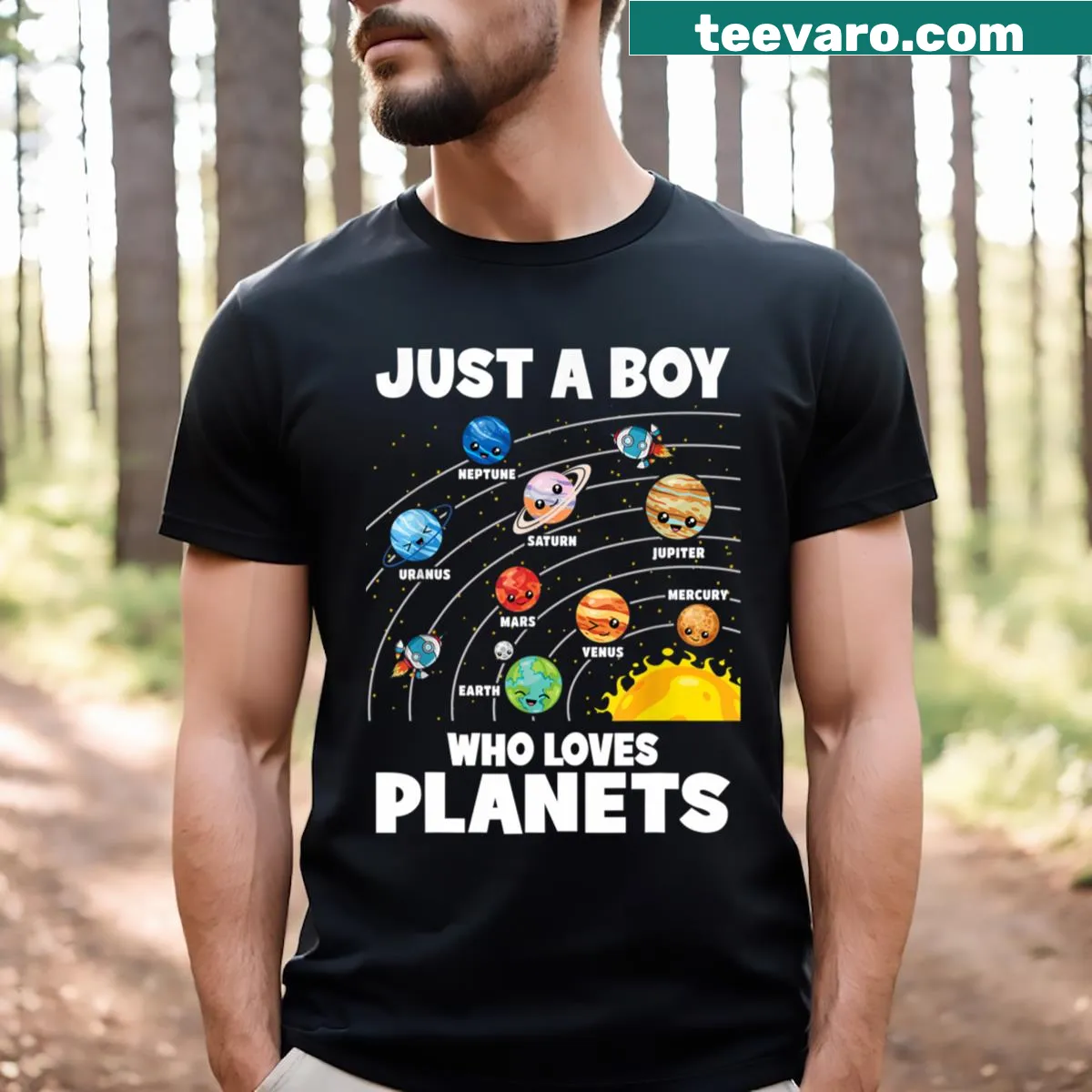 Illustrated solar system T-shirt for kids with planets — on a men's t-shirt