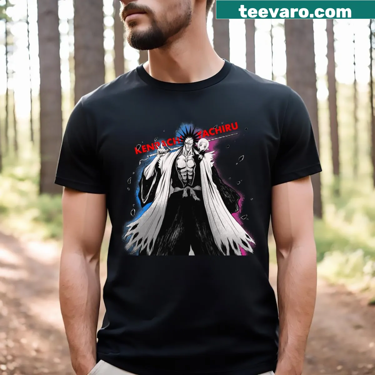 Graphic of Kenpachi Zaraki and Yachiru Kusajishi from Bleach in an action scene. — on a men's t-shirt