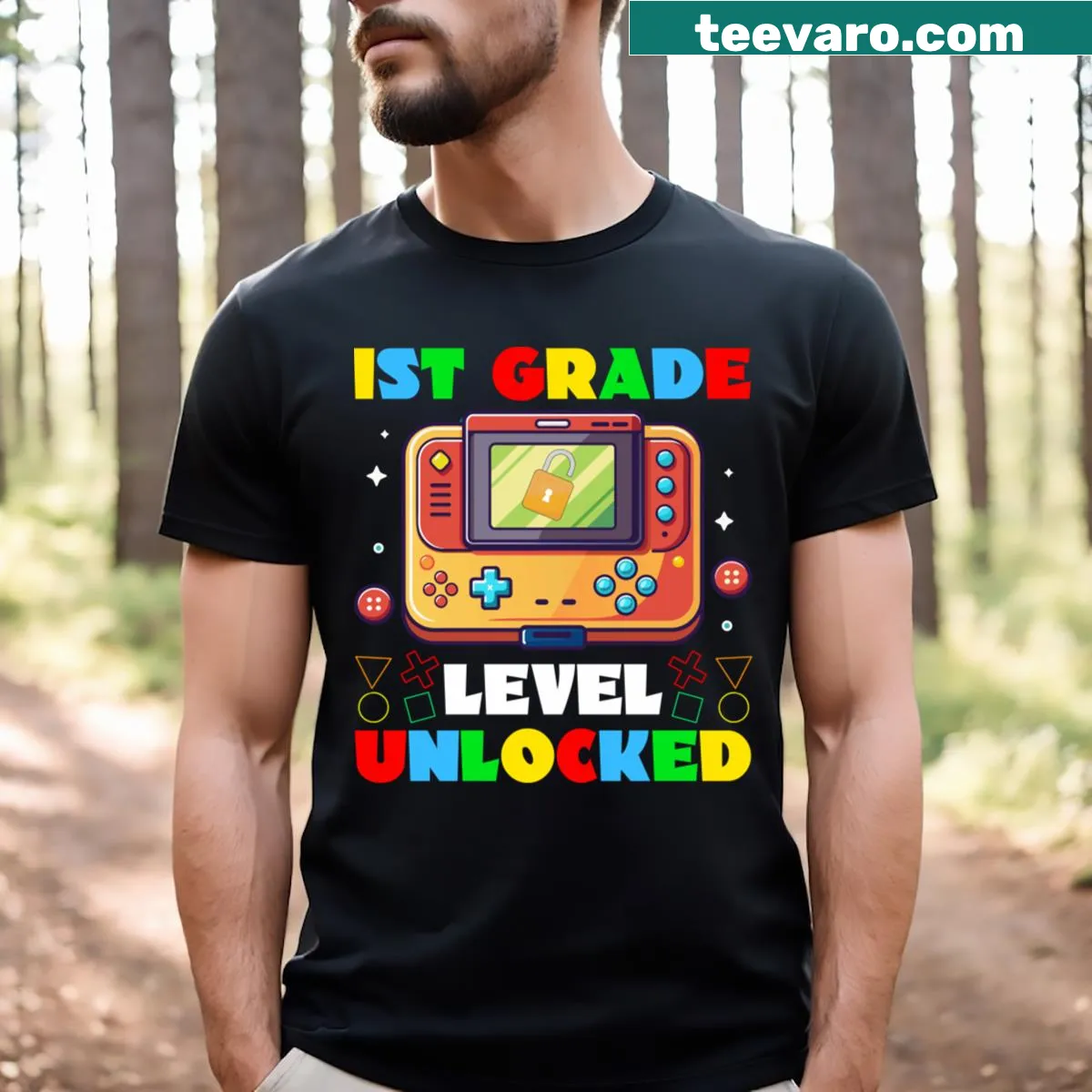 Kids first grade gaming t-shirt with 'Level Unlocked' text — on a men's t-shirt