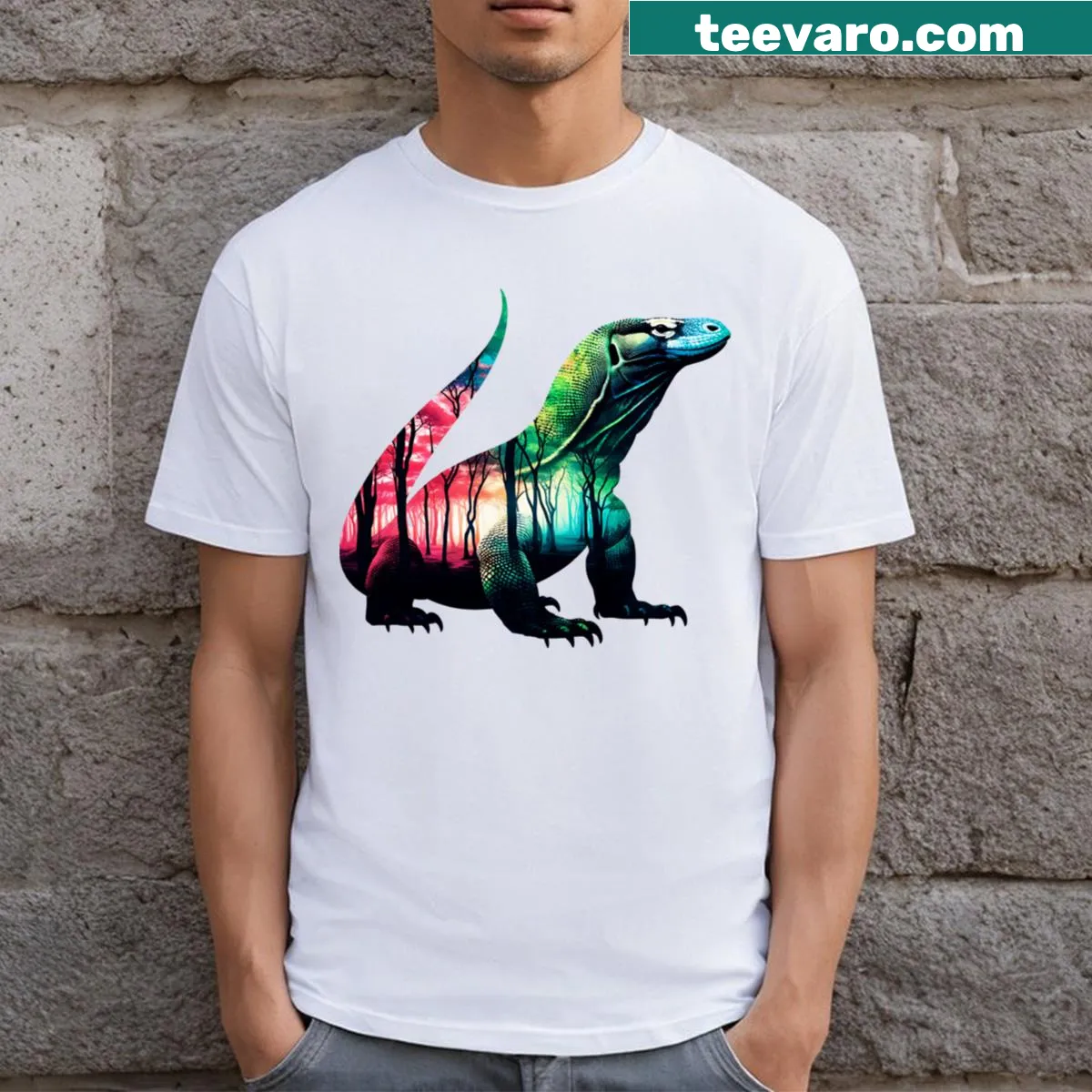 Silhouette T-shirt featuring a Komodo dragon in a forest setting. — on a men's t-shirt