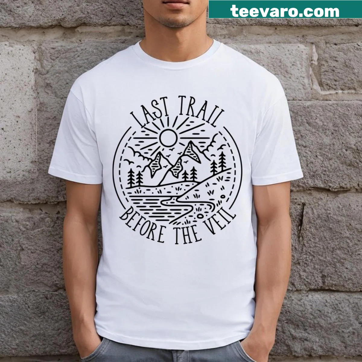 Bachelorette T-shirt with hiking theme illustration — on a men's t-shirt