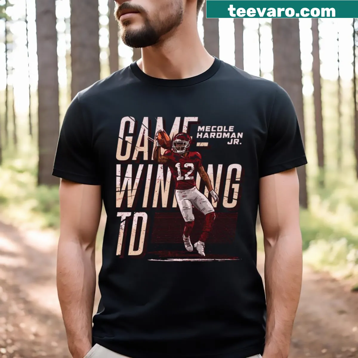 Dynamic illustration of Mecole Hardman Jr celebrating a game win — on a men's t-shirt