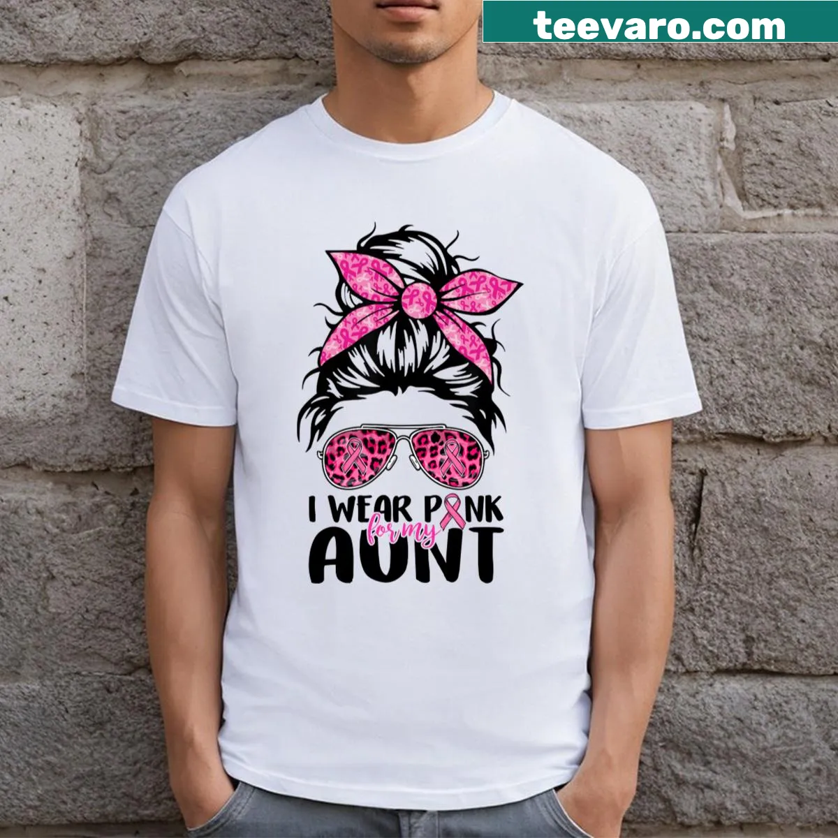 Breast cancer awareness shirt with messy bun and pink text. — on a men's t-shirt