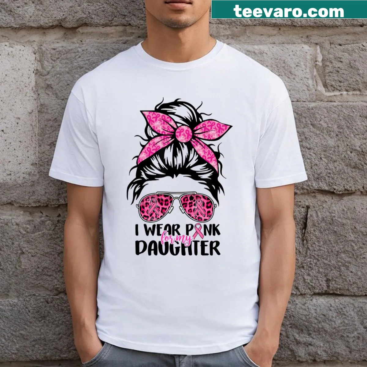 Sentimental pink awareness t-shirt for moms featuring a messy bun graphic — on a men's t-shirt