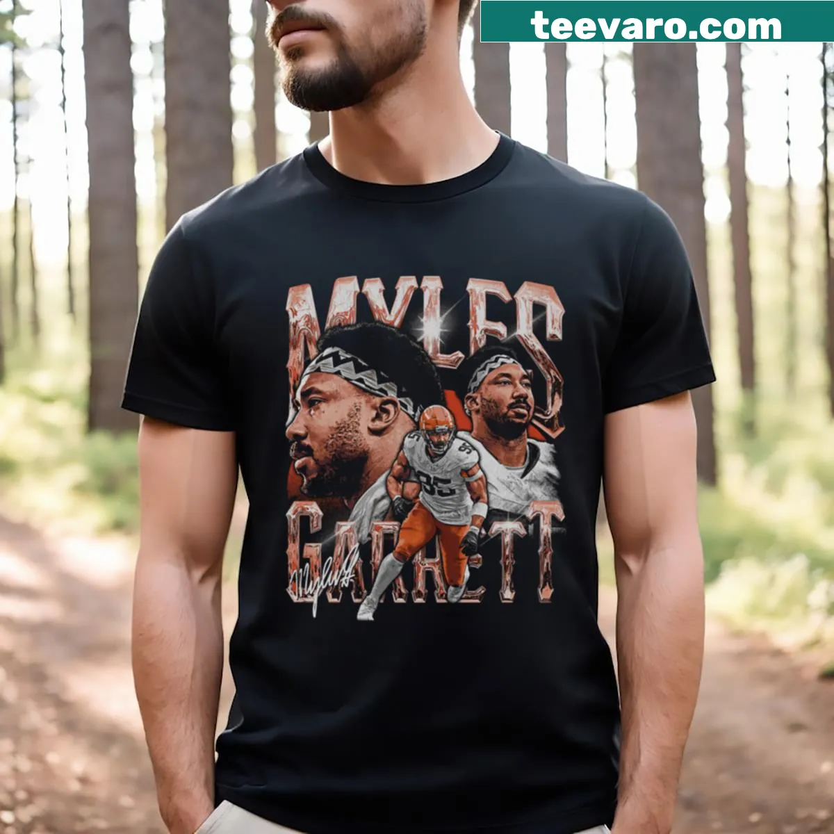 Vintage-style Myles Garrett Cleveland t-shirt with distressed print — on a men's t-shirt
