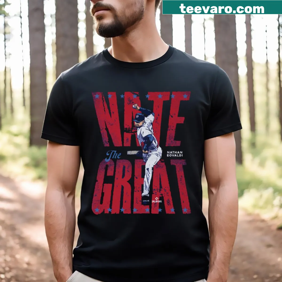T-shirt featuring Nathan Eovaldi's nickname 'Nate The Great' — on a men's t-shirt