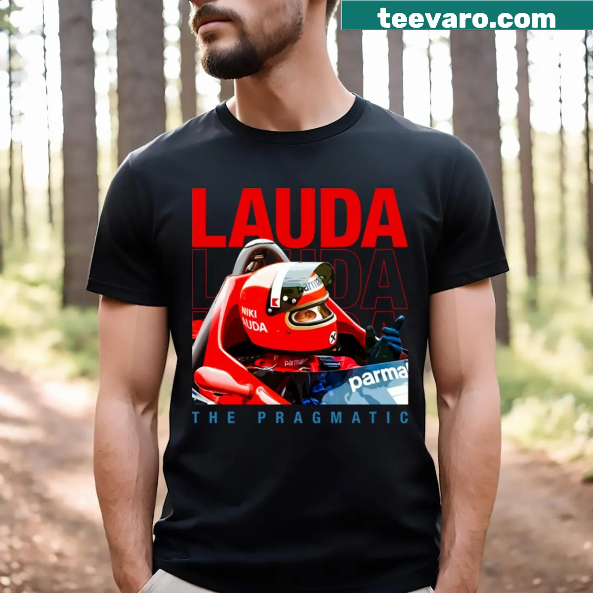 Vintage distressed Niki Lauda T-shirt featuring retro racing graphics — on a men's t-shirt