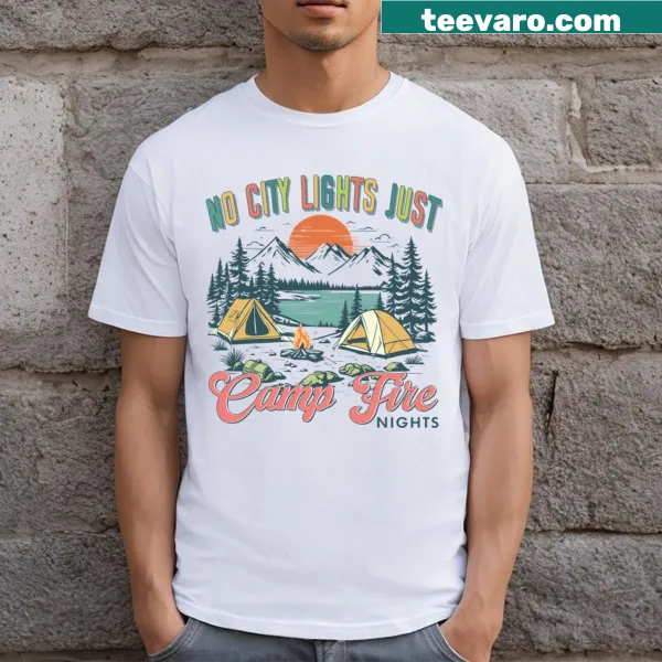 Funny camping life T-shirt with campfire nights text