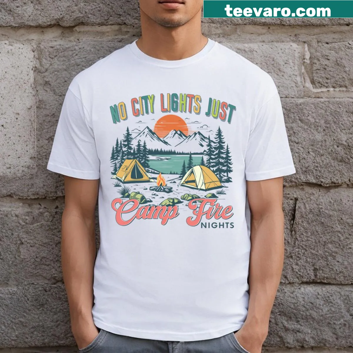 Funny camping life T-shirt with campfire nights text — on a men's t-shirt