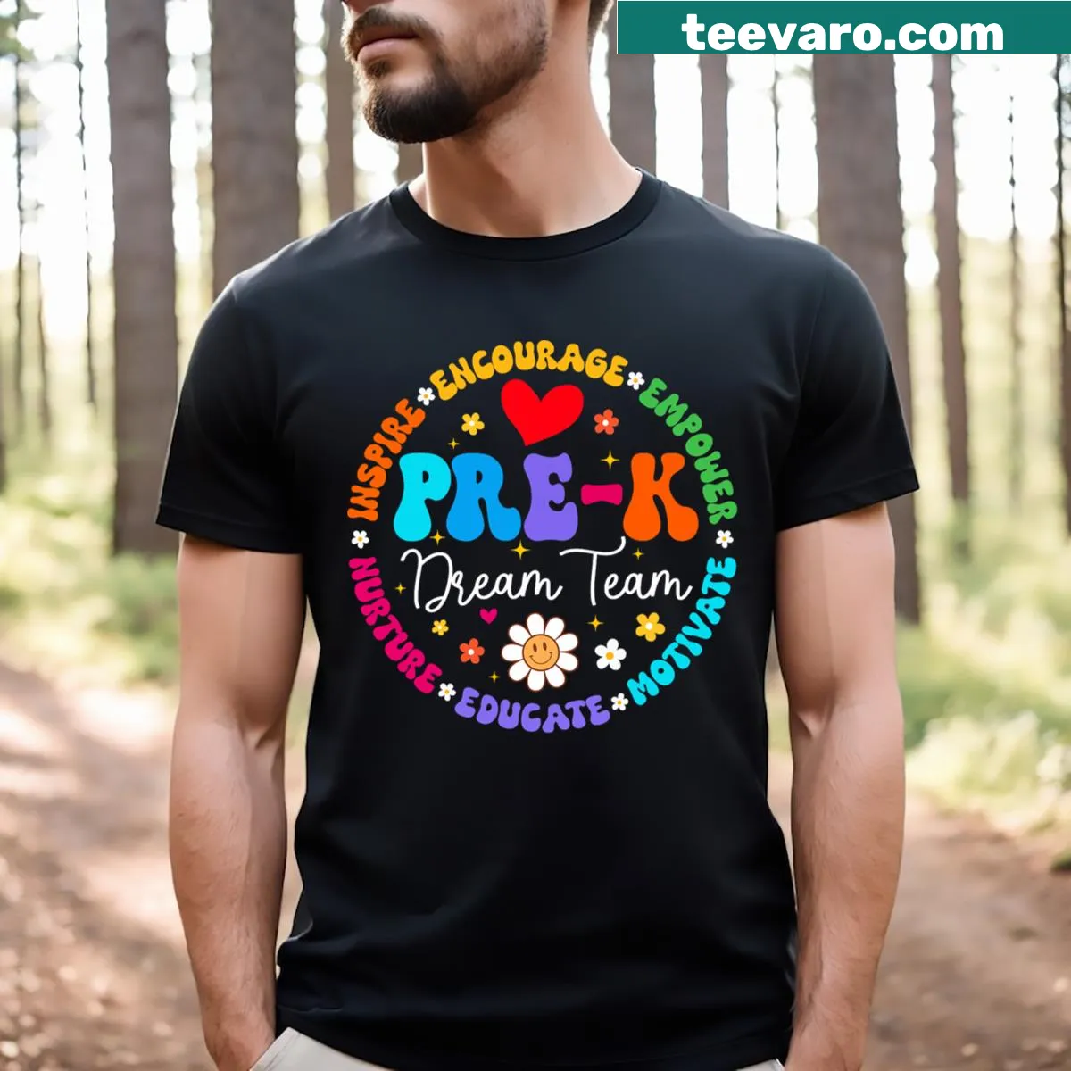 Pre K Dream Team typography t-shirt for teachers and students — on a men's t-shirt