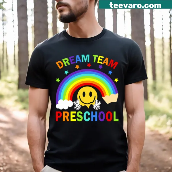 Retro rainbow themed back to school teacher t-shirt with 'Dream Team' text